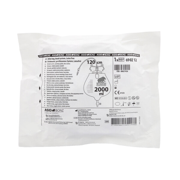 UROSID 2000S geschlossenes Urindrainagesystem, 2.000ml, steril, Kreuzventil senkrecht, mit Nadel - 120cm