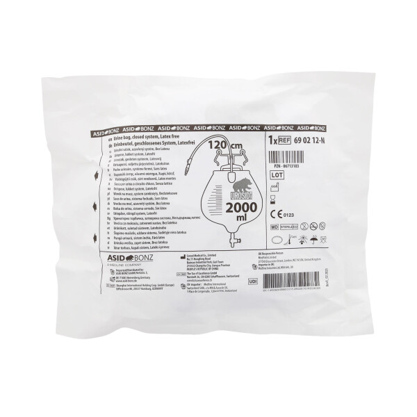 UROSID 2000S geschlossenes Urindrainagesystem, 2.000ml, steril, Kreuzventil senkrecht, nadelfrei - 120cm